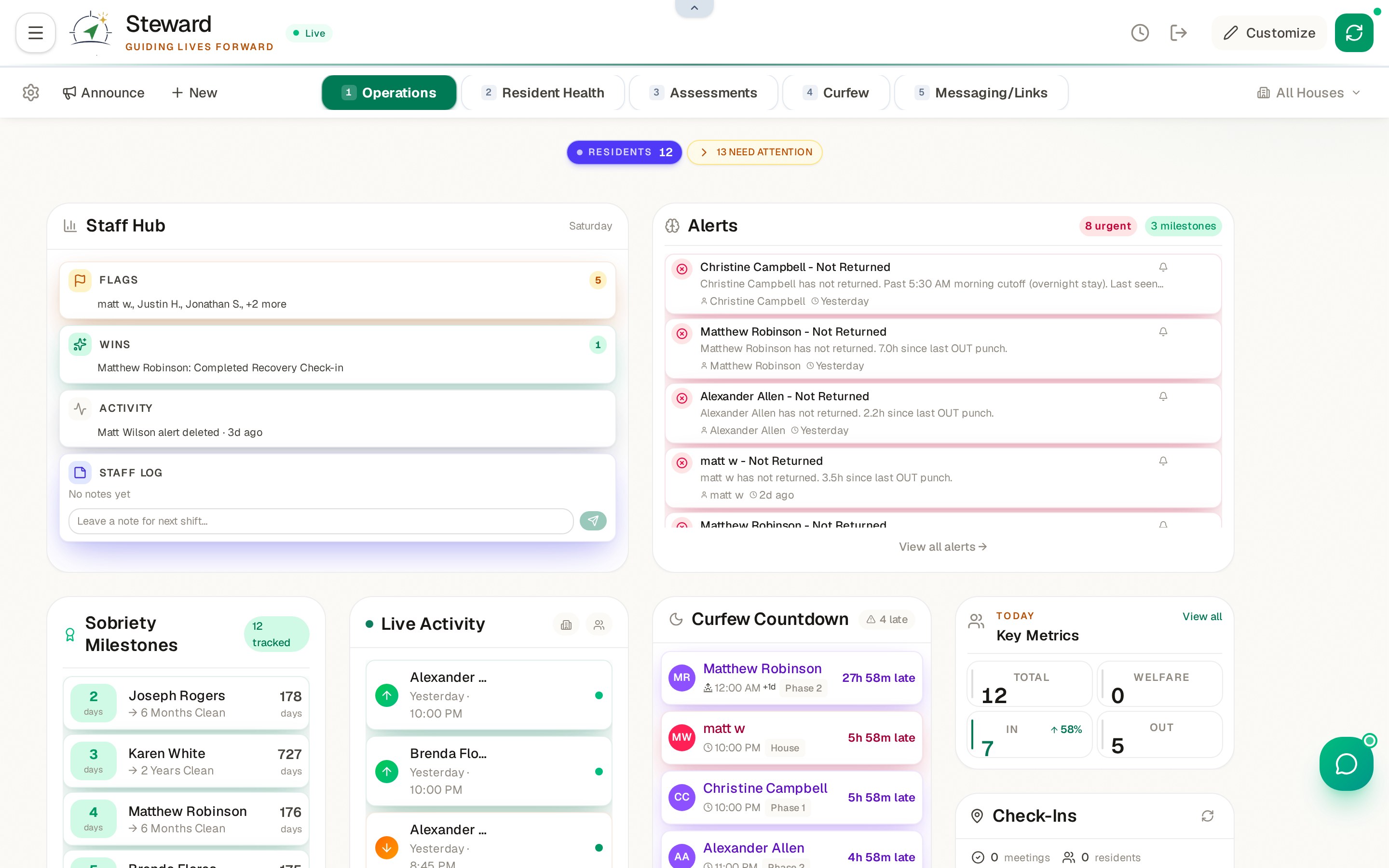 Steward admin dashboard showing 12 residents across the Wilson Housing Alliance organization, with curfew countdown, sobriety milestones, and live activity feed.