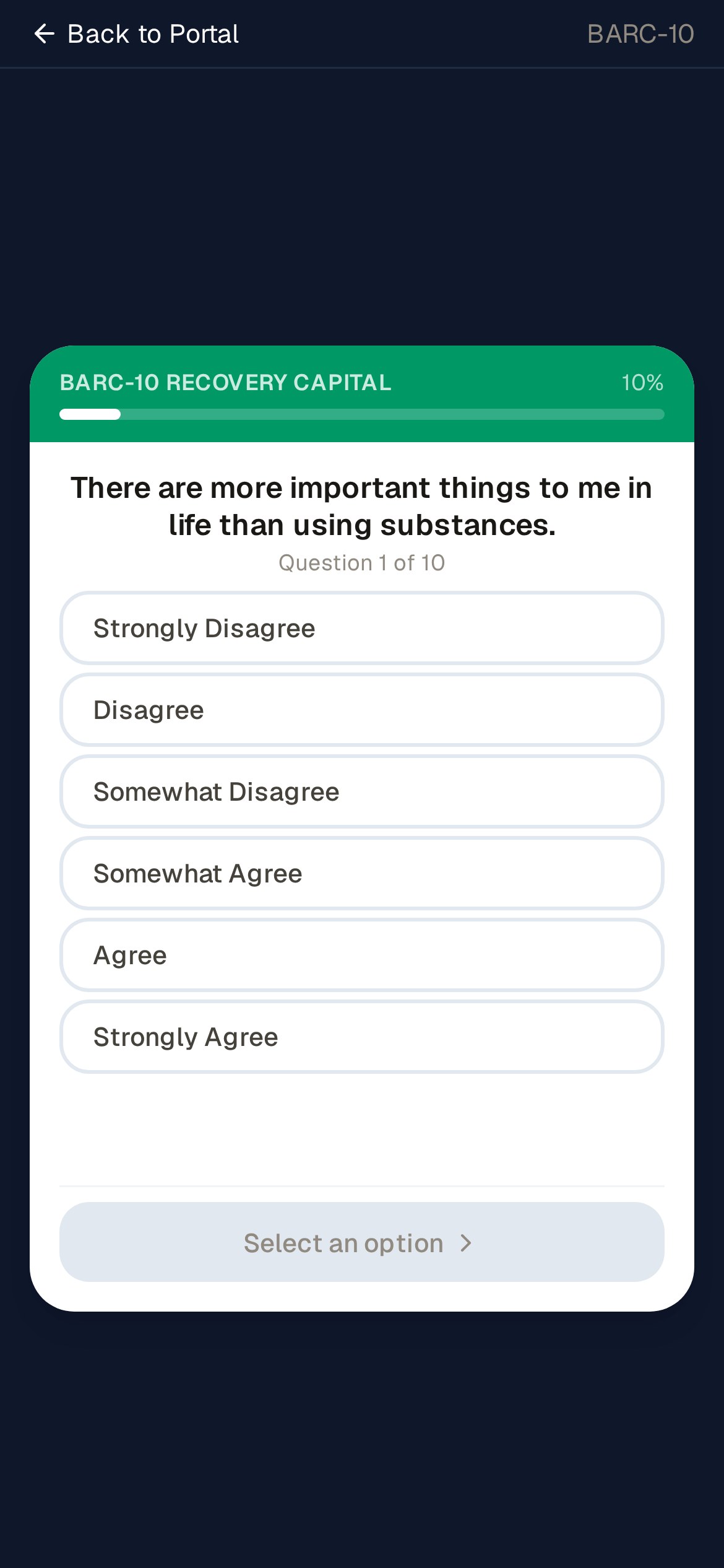 Monthly Recovery Check In on the resident PWA: BARC 10 question 1 of 10 with six Likert response options.
